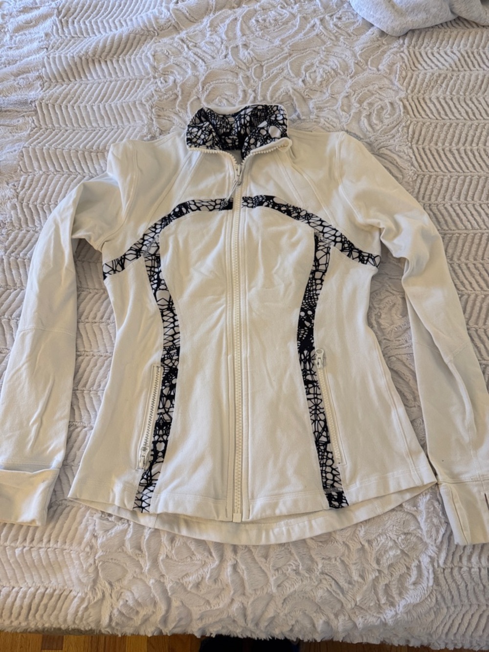 lululemon athletica White Zip-Up Jacket with Black Patterned Trim